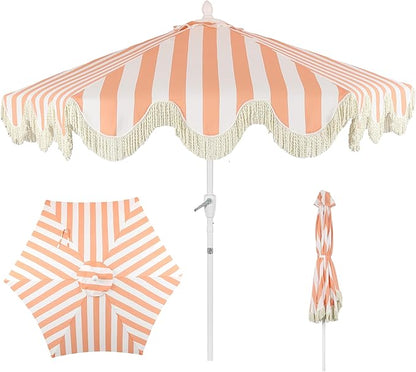 JONATHAN Y UMB1001 Collins 9 ft. Classic Cottage Tassel Market Patio Umbrella with Auto-Tilt, Crank, Wind Vent and UV Protection
