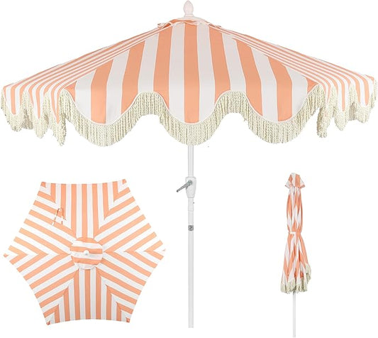 JONATHAN Y UMB1001 Collins 9 ft. Classic Cottage Tassel Market Patio Umbrella with Auto-Tilt, Crank, Wind Vent and UV Protection