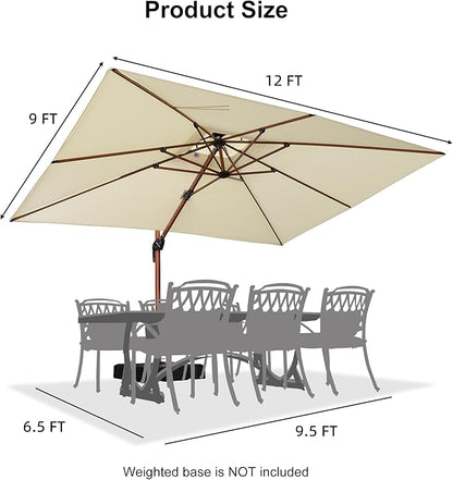 PURPLE LEAF 9' X 12' Double Top Deluxe Wood Pattern Rectangle Patio Umbrella Offset Hanging Umbrella Outdoor Market Umbrella Garden Umbrella, Cream