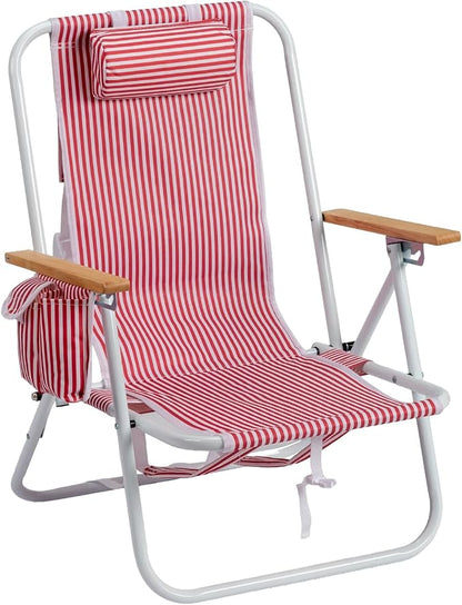 Outvita Folding Beach Chair, 4 Position Adjustable Reclining Lounge Chair with Padded Headrest, Large Rear & Side Storage Pockets, Lightweight Portable Outdoor Chair for Beach Pool Garden BBQ