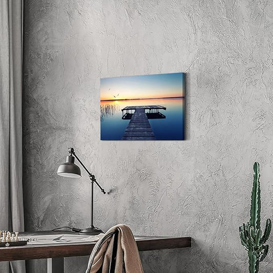 Hardy Gallery lake wall art pier picture: scenic nature canvas wall art lake scene artwork dock scenery wall decor painting - sunset landscape prints for bedroom house 16"x11"