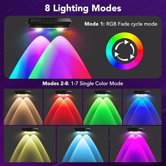 Solar Fence Lights Outdoor 2Pack, Warm White & RGB 6 Color and Glass Panel, Waterproof High Brightness Solar LED Spot Lens Deck Lights for Outside Stairs, Porch Step, Railing, Backyard, Patio