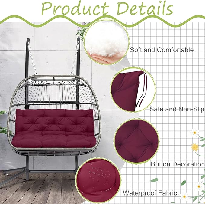 Replacement Cushion for Swings, Waterproof Porch Swing Cushion, 2-3 Seat Replacement Swing Seat Cushion with Backrest and Ties for Patio Backyard Porch Garden(Claret 40 * 60 in)