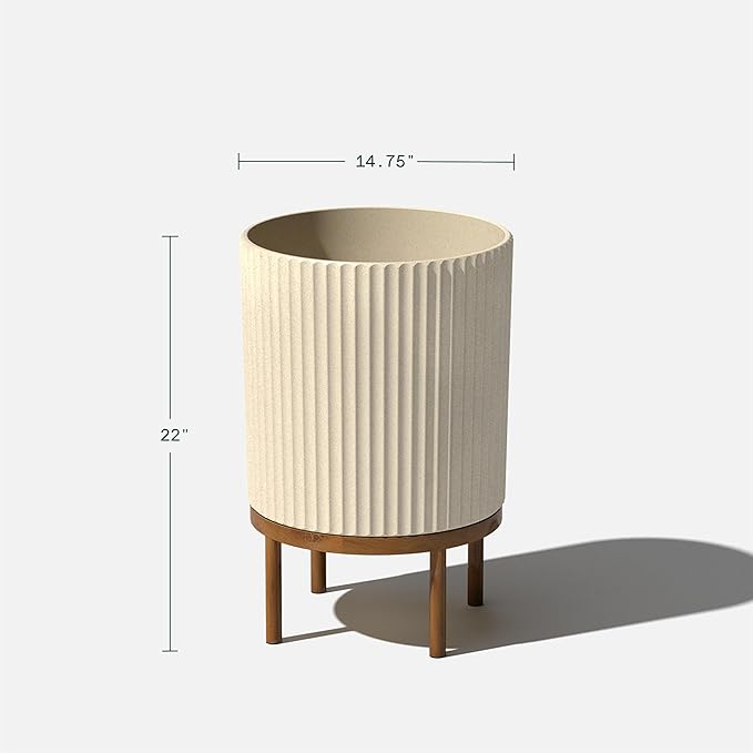 Veradek Demi Series Round Planter w/ Stand for Porch/Patio | Durable Plastic-Concrete & Wooden Stand | Modern Décor for Tall Plants, Flowers