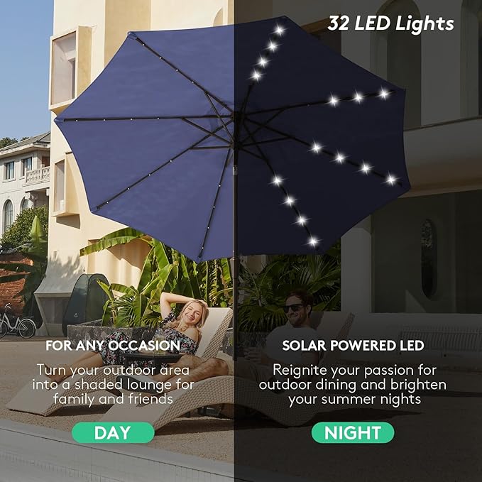 JEAREY 9FT Outdoor Patio Umbrella with Solar Lights, LED Lighted Pool Umbrella with Tilt and Crank, Outdoor Table Umbrellas for Deck, Yard & Market (Dark Blue)