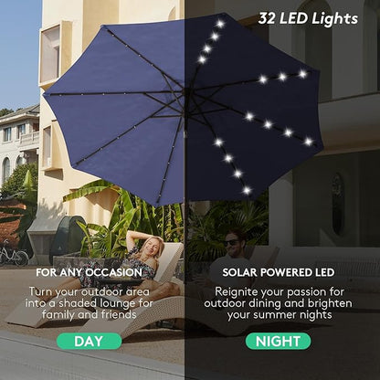 JEAREY 9FT Outdoor Patio Umbrella with Solar Lights, LED Lighted Pool Umbrella with Tilt and Crank, Outdoor Table Umbrellas for Deck, Yard & Market (Dark Blue)
