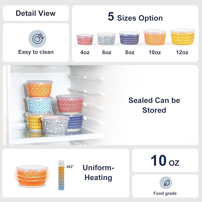 Selamica Ceramic Ramekins with Lids, 10 OZ Creme Brulee Ramekins with Covers Oven Safe, Custard Cups Small Baking Bowls for Souffle, Pudding, Onion Soup, Dips, Set of 6, Assorted Colors