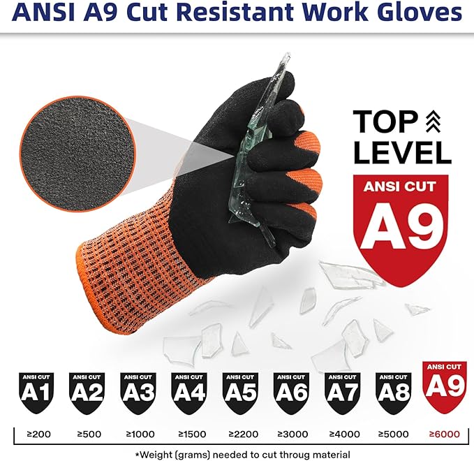 Schwer ProGuard Highest Level Cut Resistant Work Gloves PR3326 for Extreme Protection，ANSI A9 Cut Gloves with Reinforced Thumb, Non Slip, Breathable, Durable, Touch-screen, Orange1 Pair（S）