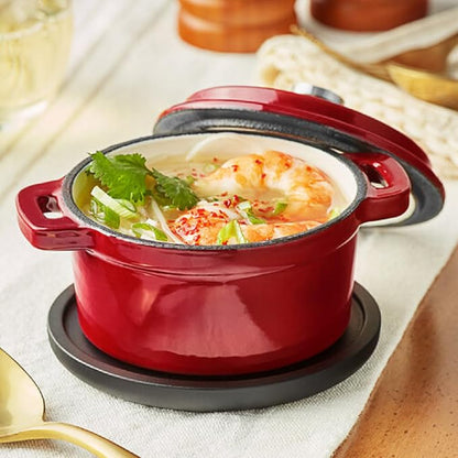 Flavehc Mini Cocotte 16 oz Mini Dutch Oven 0.5 qt. Cast Iron Garlic Roaster for Oven Garlic Confit Pot Ramekins with Lids Oven Safe Set of 2, Red