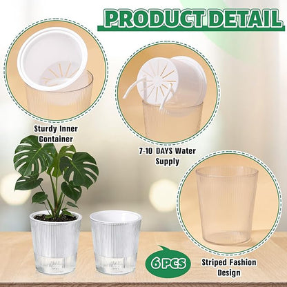 6 Pack Self Watering Pots for Indoor Plants Plastic Vertical Ribbed Semi Transparent Planters, Dual Layer Reservoir for Indoor Succulents Herbs Pothos(Clear, White,4.4 x 4.9 Inch)