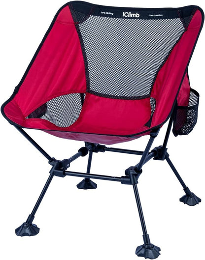 iClimb Ultralight Compact Camping Folding Beach Chair with Anti-Sinking Large Feet and Back Support Webbing (Red - Square Frame - 2PC)