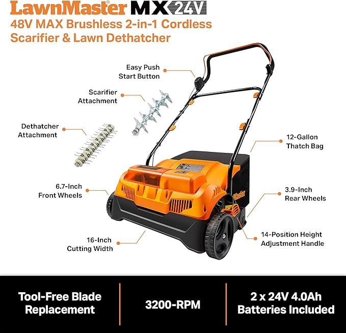 LawnMaster 48V MAX Brushless 16” 2-in-1 Cordless Dethatcher and Scarifier with Removable Thatch Collection Bag Quick-Fold – CLGVB4816