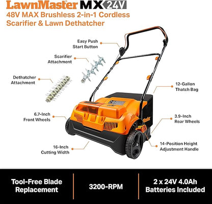 LawnMaster 48V MAX Brushless 16” 2-in-1 Cordless Dethatcher and Scarifier with Removable Thatch Collection Bag Quick-Fold – CLGVB4816