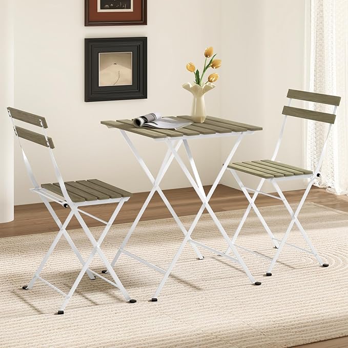 Giantex 3-Piece Acacia Wood Bistro Set, Patio Bistro Table with 2 Folding Chairs, Slatted Seat & Tabletop, Metal Frame, Outdoor Furniture Set for Backyard, Porch, Garden, Poolside (White + Gray)