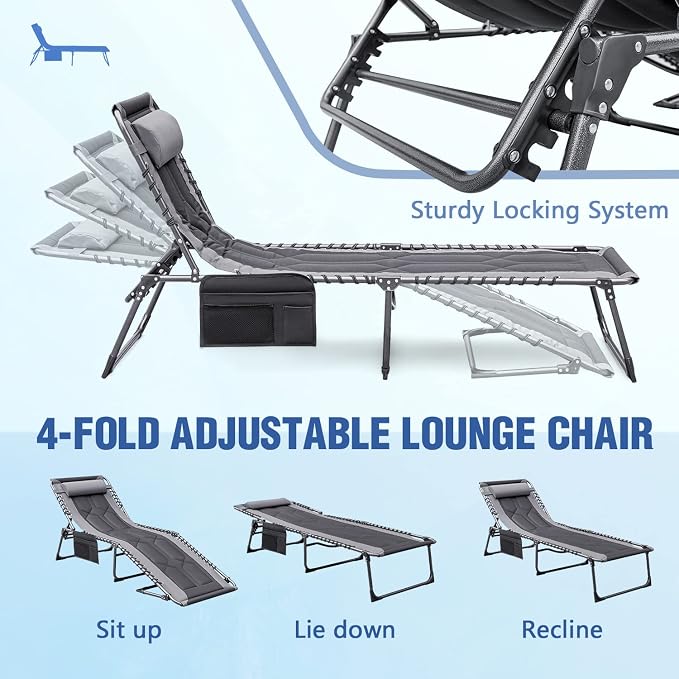 Devoko 4-Fold Padded Portable Folding Outdoor Chaise Lounge Heavy Duty Reclining Chair with Pillow & Side Pocket for Patio, Beach, Pool, Camping, Sunbathing (Gray)
