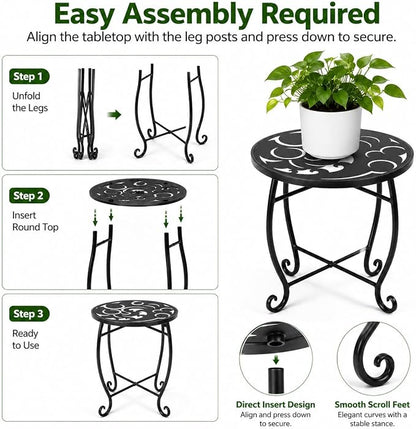 2 Pack 15 Inch Tall Plant Stands Outdoor Indoor, Metal Side Tables for Patio, Weather Resistant Flower Pot Racks with Swirl Pattern, Black End Table Set for Garden Balcony
