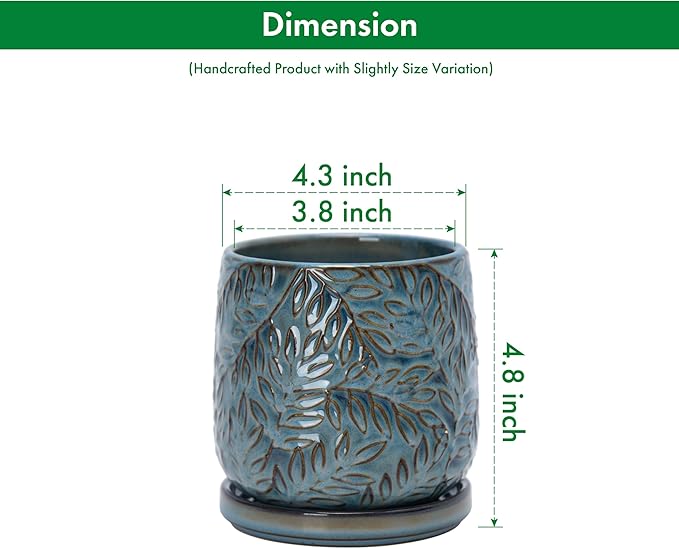 D'vine Dev 4 Inch Embossed Leaves Stoneware Planter Pot with Drainage Hole and Saucer, Ocean Teal, 27-A-Z-8