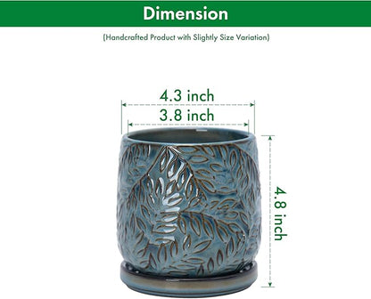 D'vine Dev 4 Inch Embossed Leaves Stoneware Planter Pot with Drainage Hole and Saucer, Ocean Teal, 27-A-Z-8
