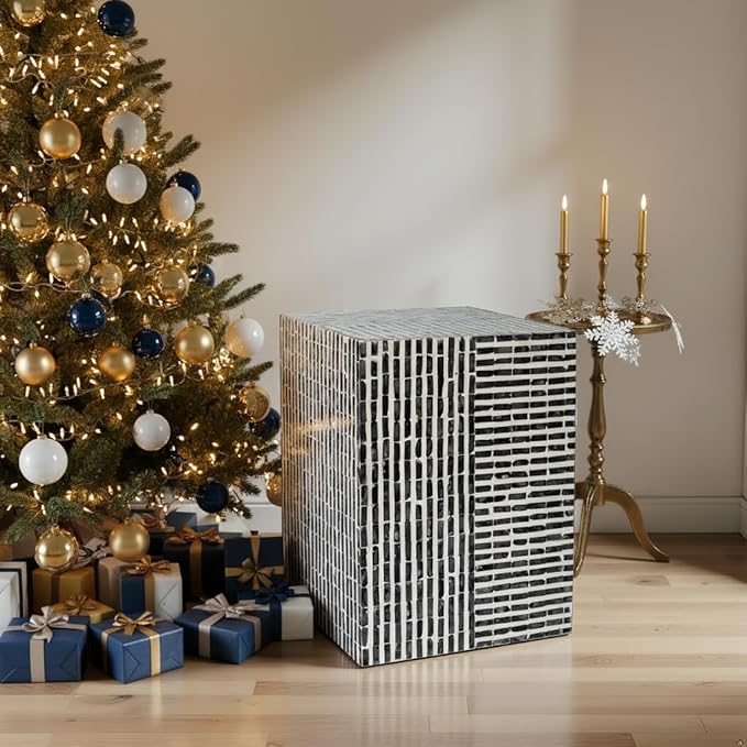 PEMAR Capiz Shell Square Drum End Table Side Accent Table Contemporary Mosaic Deco Patio Coffee Boho Décor Modern Nightstand & Vanity Stool (Dark Grey & White Stripes)