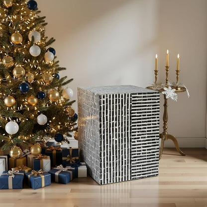 PEMAR Capiz Shell Square Drum End Table Side Accent Table Contemporary Mosaic Deco Patio Coffee Boho Décor Modern Nightstand & Vanity Stool (Dark Grey & White Stripes)