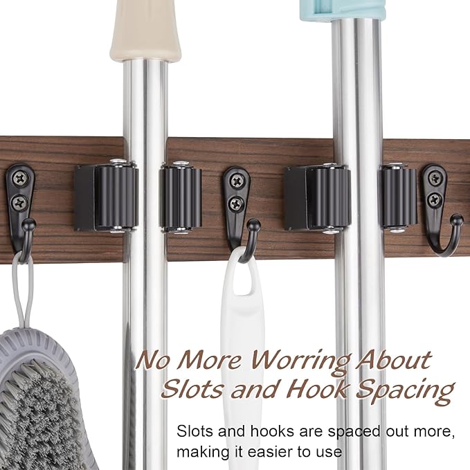 OUTNILI Mop and Broom Holder Wall Mount - Wood Broom Mop Hanger - Wall Mounted Garden Tool Rack Organizer for Closet Garage Laundry Room for Rustic Kitchen Decor With 5 Slots & 4 Hooks