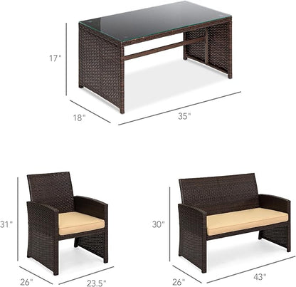 Best Choice Products 4-Piece Outdoor Wicker Patio Conversation Furniture Set for Backyard w/Coffee Table, Seat Cushions - Brown/Beige