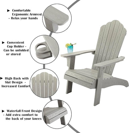 hOmeHua Oversized Adirondack Chair, HIPS Adirondack Chairs Weather Resistant with Cup Holder, Plastic Outdoor Chair for Patio, Backyard Deck, Fire Pit Lawn Porch (Grey)