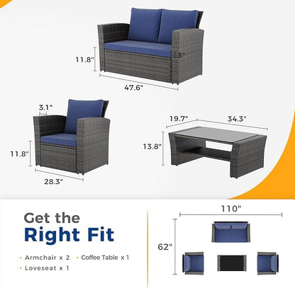 Wisteria Lane 4 Piece Patio Furniture Set, Wicker Outdoor Patio Conversation Furniture Set, All Weather Outdoor Patio Sofa with Cushion and Glass Table, Blue