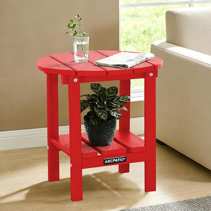 Outdoor Side Table Round - Patio Side Tables - HDPE Small Outdoor End Table for Backyard Pool Porch Balcony - Double Layer Storage - Red (Wood Grain Finish)