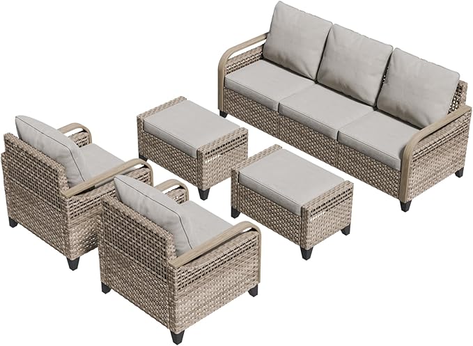 COOS BAY Modern Wicker Outdoor Furniture Set, Patio Conversation Set with Patio Chairs, 3 Seat Couch, and Ottomans, 5 Piece, Brown/Gray