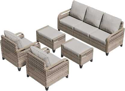 COOS BAY Modern Wicker Outdoor Furniture Set, Patio Conversation Set with Patio Chairs, 3 Seat Couch, and Ottomans, 5 Piece, Brown/Gray