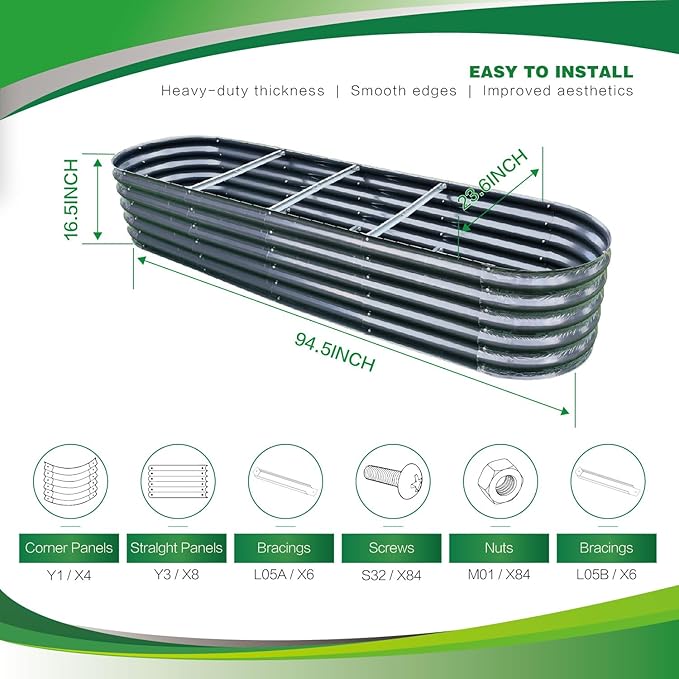 Gardmax Galvanized Raised Garden Bed, Lightweight Planter Boxes Outdoor with Easy Assembly, Large Garden Bed for Vegetables, Fruits, Flower Dark Grey 8x2x1.5 FT