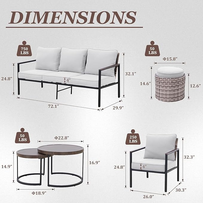 COOS BAY Sand Dune 5 Piece Wicker Patio Furniture Set, Rattan Outdoor Furniture with Nesting Tables, Chairs, Couch, Coffee Tables, and Ottoman, Brown/Beige