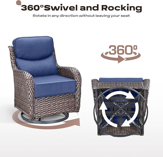 Rilyson 6 Piece Outdoor Patio Swivel Rocker Chairs, Waterproof Wicker, High Back, Deep Seating, Wide Armrest, Upgraded 6 inch Thick Cushions, Side Table, Ideal for Deck Porch Yard, Brown/Blue