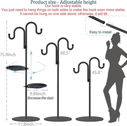 Upgraded 74" Shepherd's Hook Stand plant，Bird Feeder，Wind Chime Hanger Stand, Waterproof Metal & Adjustable-Height Standing Pole Holder for Lantern and Wreath, Indoor & Outdoor（2 Placement Racks)
