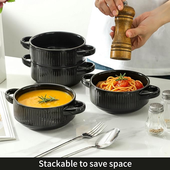 Soup Bowls with Handles, 23 oz French Onion Soup Crocks, Stackable Soup Bowl Oven Safe for Chili, Beef Stew, Embossment Ceramic Bowl Set - 5.4 Inch, Set of 4,Black