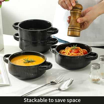 Soup Bowls with Handles, 23 oz French Onion Soup Crocks, Stackable Soup Bowl Oven Safe for Chili, Beef Stew, Embossment Ceramic Bowl Set - 5.4 Inch, Set of 4,Black
