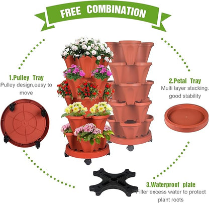 Vertical Strawberry Planter 7 Tier Stackable Tower Herb Planters Stacking Outdoor Garden Red Planters Pot with Tools Mover for Growing Flowers, Vegetables and Succulents