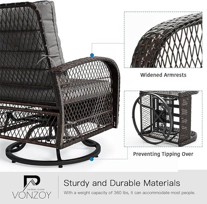 3 Pieces Patio Furniture Set, Outdoor Swivel Glider Rocker, Wicker Patio Bistro Set with Rocking Chair, Thickened Cushions and Table for Porch (Grey)