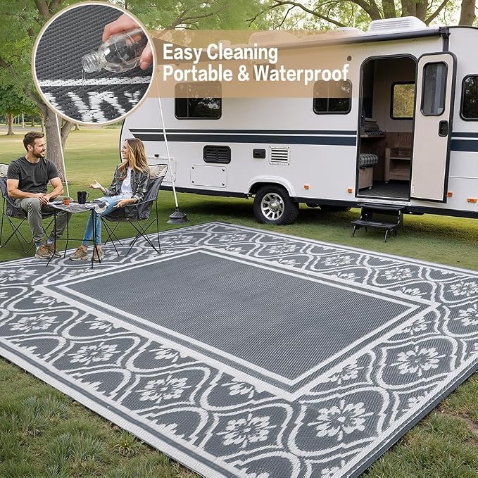 HUGEAR Outdoor Rug 9'x12' Patio Waterproof Mat Camping Carpet Outside Area Rug Reversible Grey Rugs for RV Deck Entryance Porch Picnic Balcony Beach