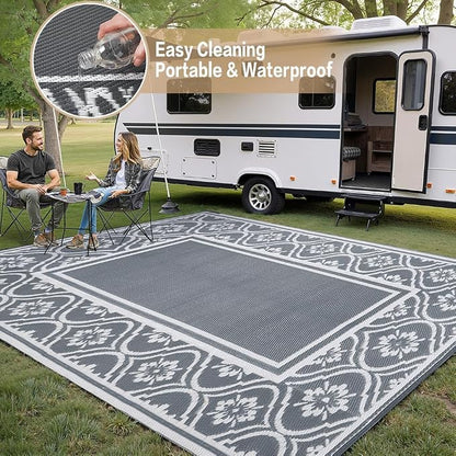 HUGEAR Outdoor Rug 9'x12' Patio Waterproof Mat Camping Carpet Outside Area Rug Reversible Grey Rugs for RV Deck Entryance Porch Picnic Balcony Beach