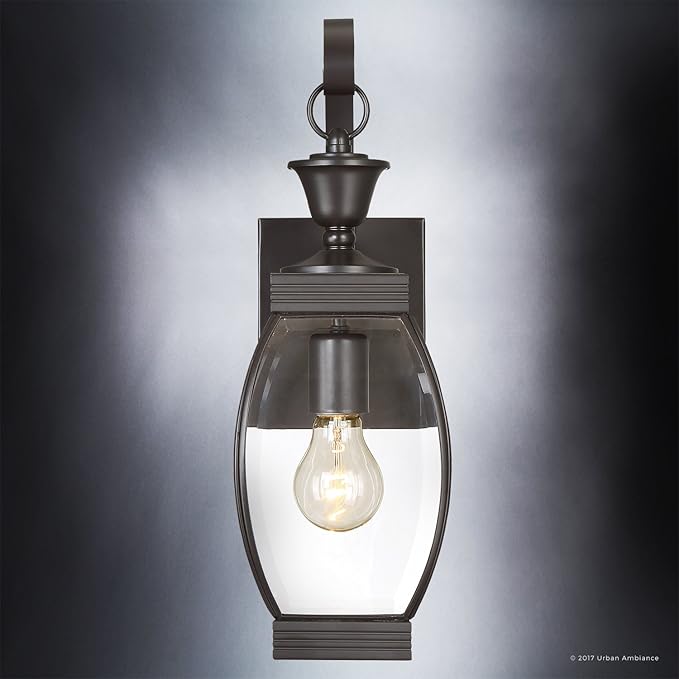 Urban Ambiance Luxury Colonial Outdoor Wall Light, Medium Size: 17" H x 5.5" W, with Transitional Style Elements, Bowed Design, Gorgeous Dark Medieval Bronze Finish and Beveled Glass, UQL1170