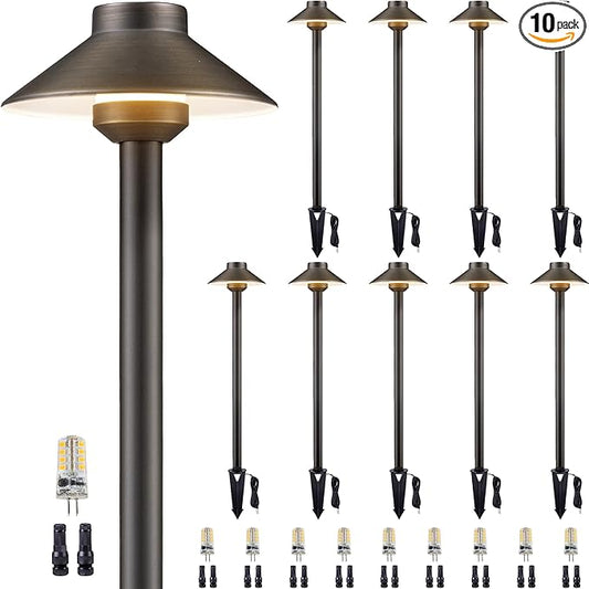 Gardenreet Brass Landscape Path Lights - 12V Low Voltage Pathway Light IP65 Waterproof, LED Outdoor Walkway Lighting Wired, Hat Bronze for Patio Lawn with 3W 2700K Warm White G4 Bulb (10 Pack)
