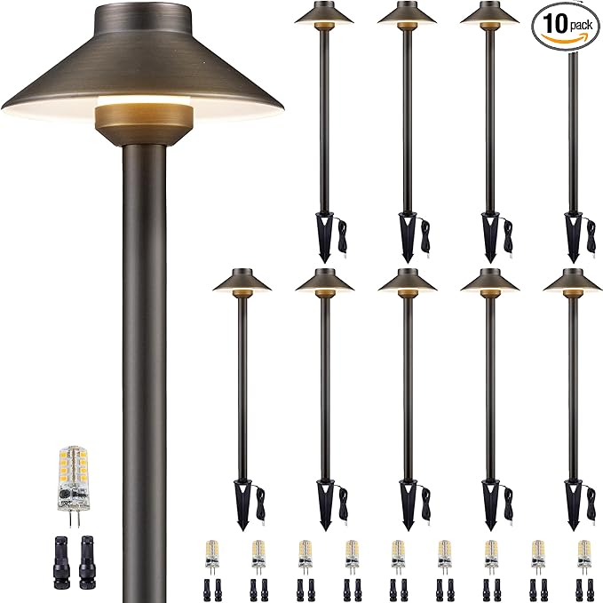 Gardenreet Brass Landscape Path Lights - 12V Low Voltage Pathway Light IP65 Waterproof, Outdoor Walkway Lighting Wired, Hat Bronze for Patio Lawn with 3W 4000K Neutral White G4 Bulb (10 Pack)