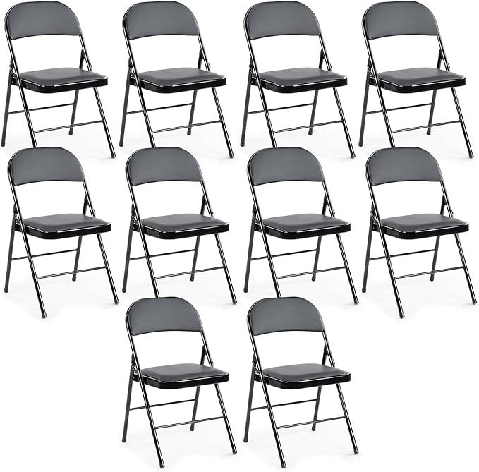 DUMOS 10 Pack Leather Padded Folding Chair, Indoor Outdoor Portable Stackable Commercial Seat with Steel Frame, Capacity for Home, Office, Party, Comfy, Black