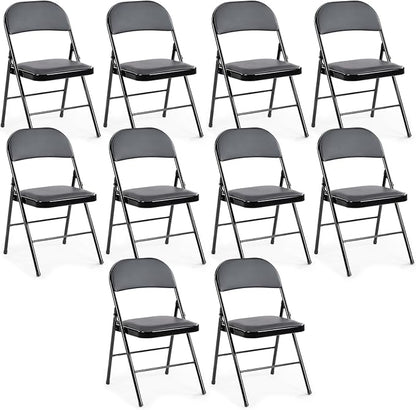 DUMOS 10 Pack Leather Padded Folding Chair, Indoor Outdoor Portable Stackable Commercial Seat with Steel Frame, Capacity for Home, Office, Party, Comfy, Black