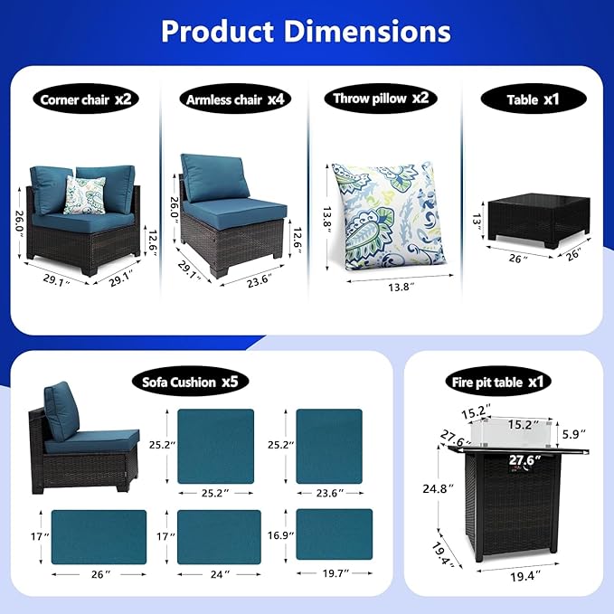 8 Pieces Patio Sets with 28" Gas Fire Pit Table Wicker Rattan Outdoor Furniture Set Conversation Set with Garden,Balcony,Pool, Deck (Brown & Peacock Blue, 8pcs Set)
