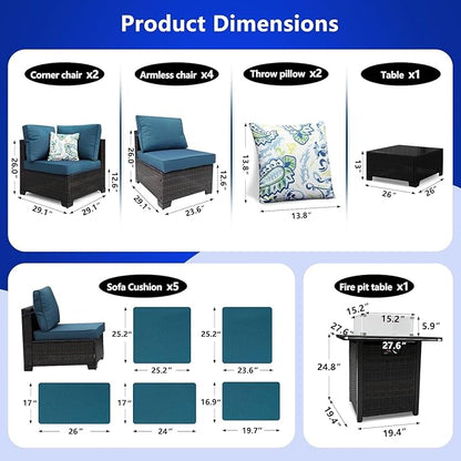 8 Pieces Patio Sets with 28" Gas Fire Pit Table Wicker Rattan Outdoor Furniture Set Conversation Set with Garden,Balcony,Pool, Deck (Brown & Peacock Blue, 8pcs Set)