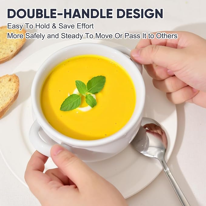 Vumdua Soup Bowls with Handles, 16 Oz Ceramic French Onion Soup Bowls - Stackable Soup Crocks Oven Safe for Cereal, Chilli, Pot Pies, Dishwasher Microwave Safe, Set of 6, White