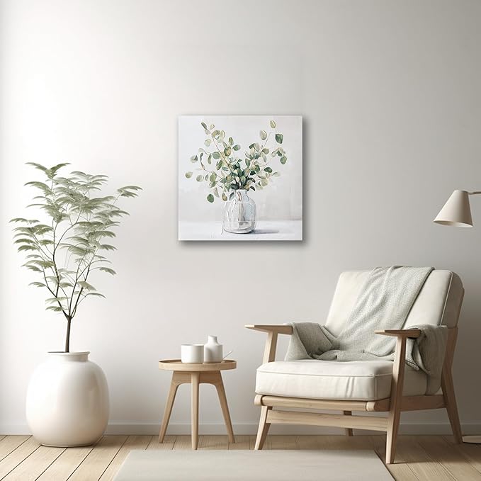 Eucalyptus Hand painted Canvas Wall Art, Eucalyptus Plant Painting Art Decor,Sage Green Botanical Canvas Print,Bathroom Pictures Rustic Wall Decor.Nature Flower Painting Artwork for Bedroom 12"x12"